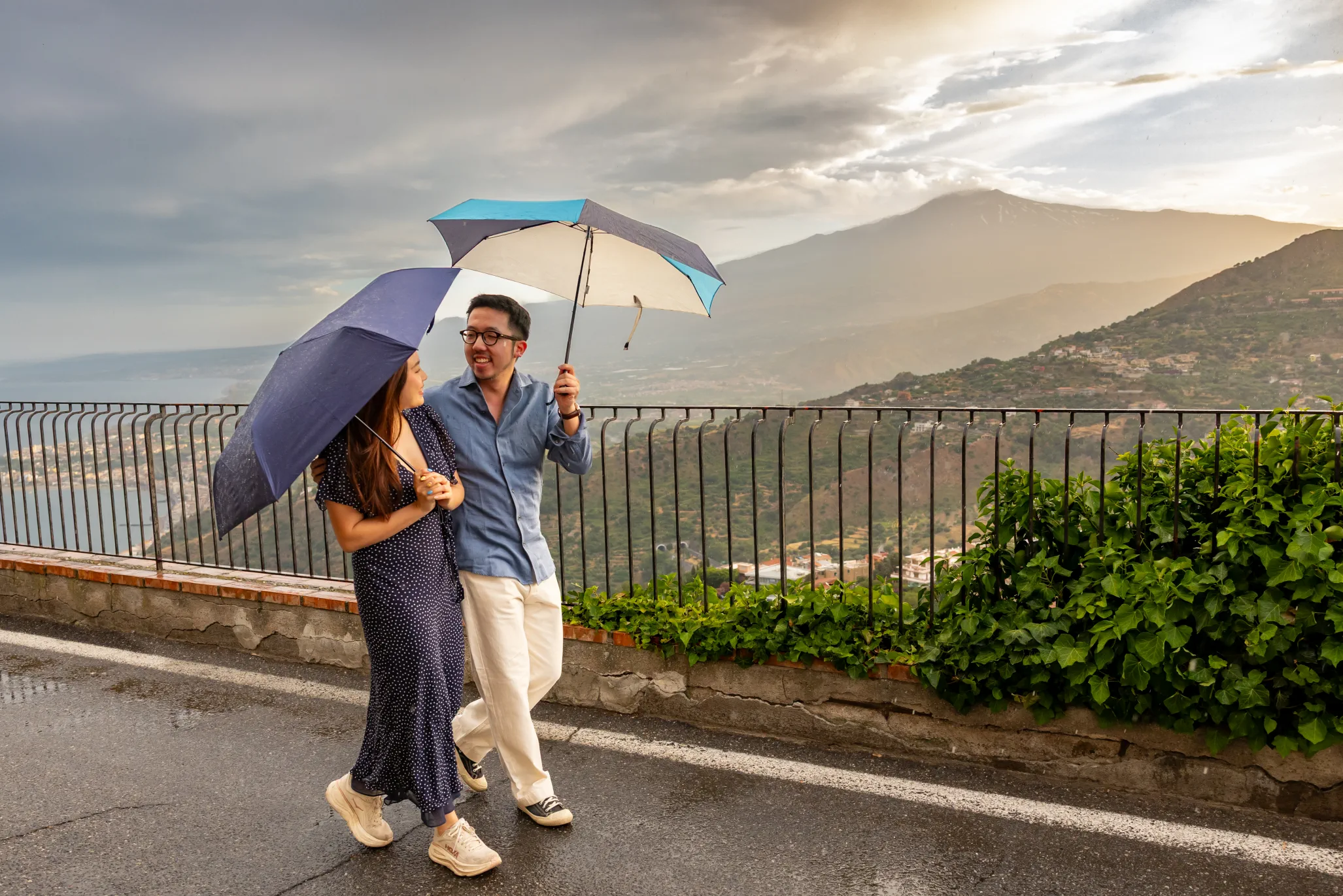 couple after proposal Al Saraceno Taormina Etna view flowers Montresor ring
