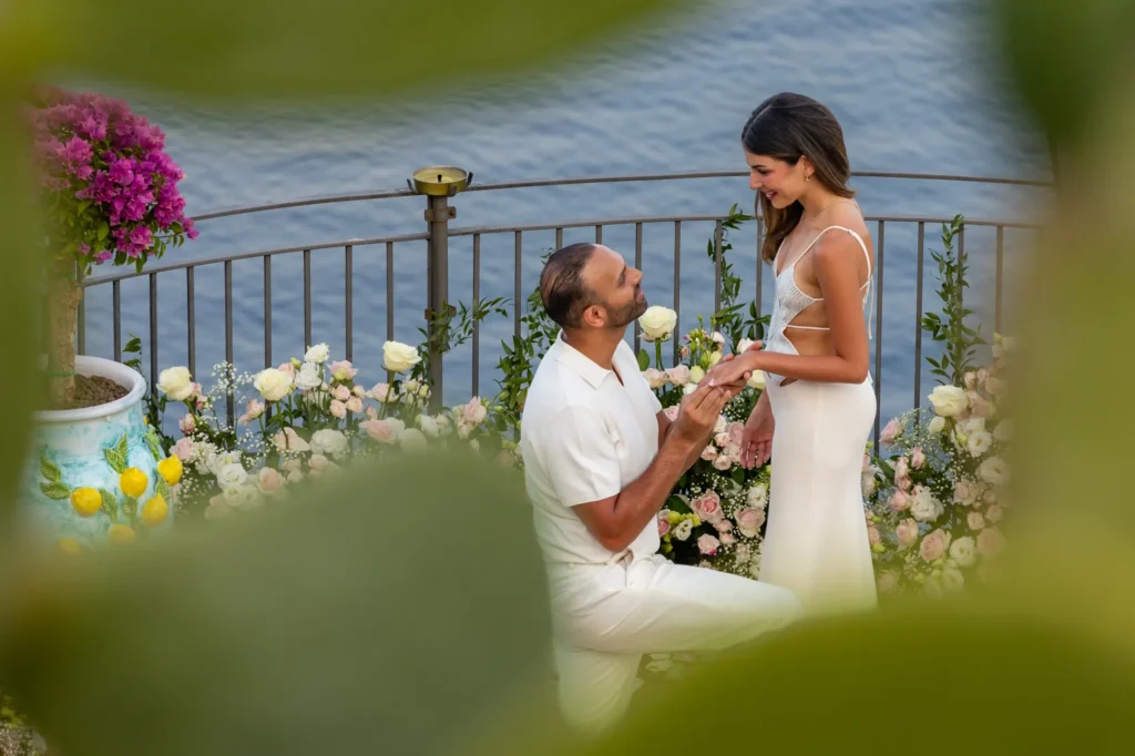 Surprise marriage proposal on one knee in Taormina
